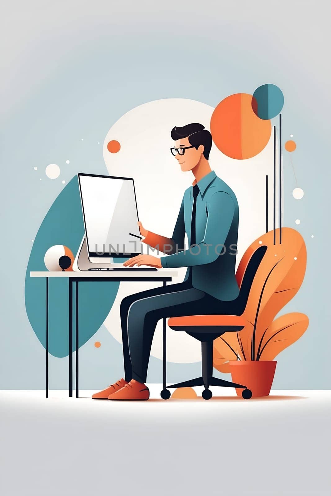 Man Sitting at Desk Using Laptop Computer, Productive Work Environment. Generative AI. by artofphoto