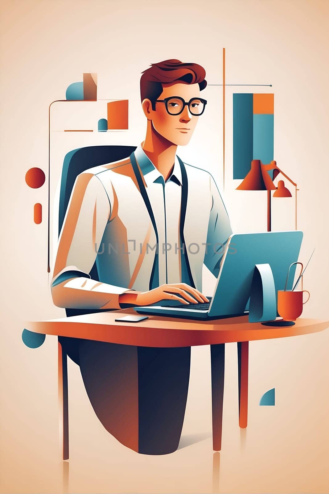 Man Sitting at Desk Using Laptop Computer. Generative AI. by artofphoto