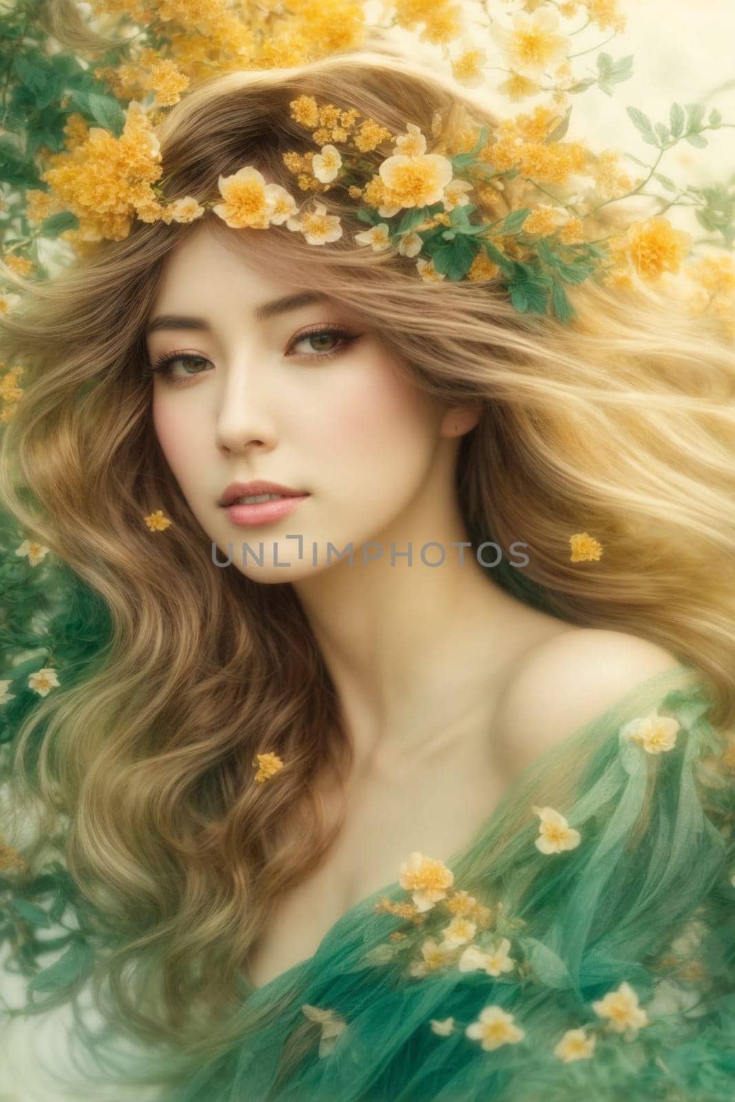 A striking, vibrant artwork featuring a woman adorned with flowers in her hair, showcasing beauty and expression.