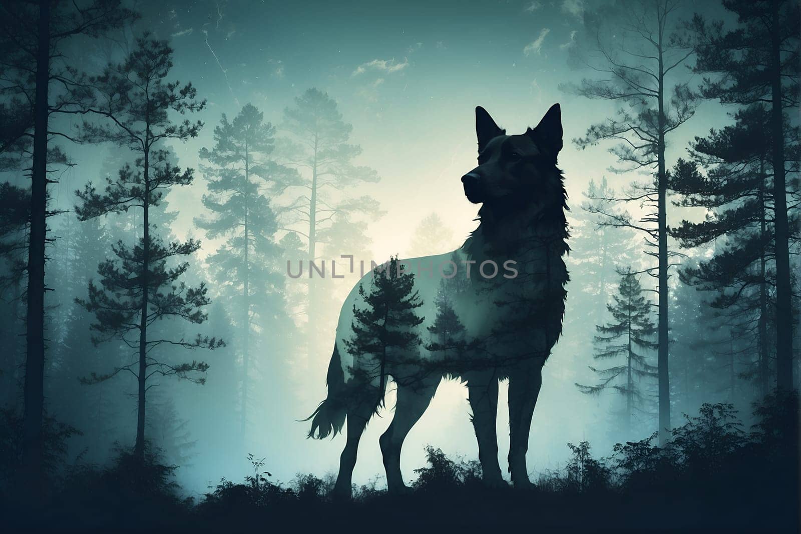 Dog Standing in Forest, Loyal Companion Amidst Natures Beauty. Generative AI. by artofphoto