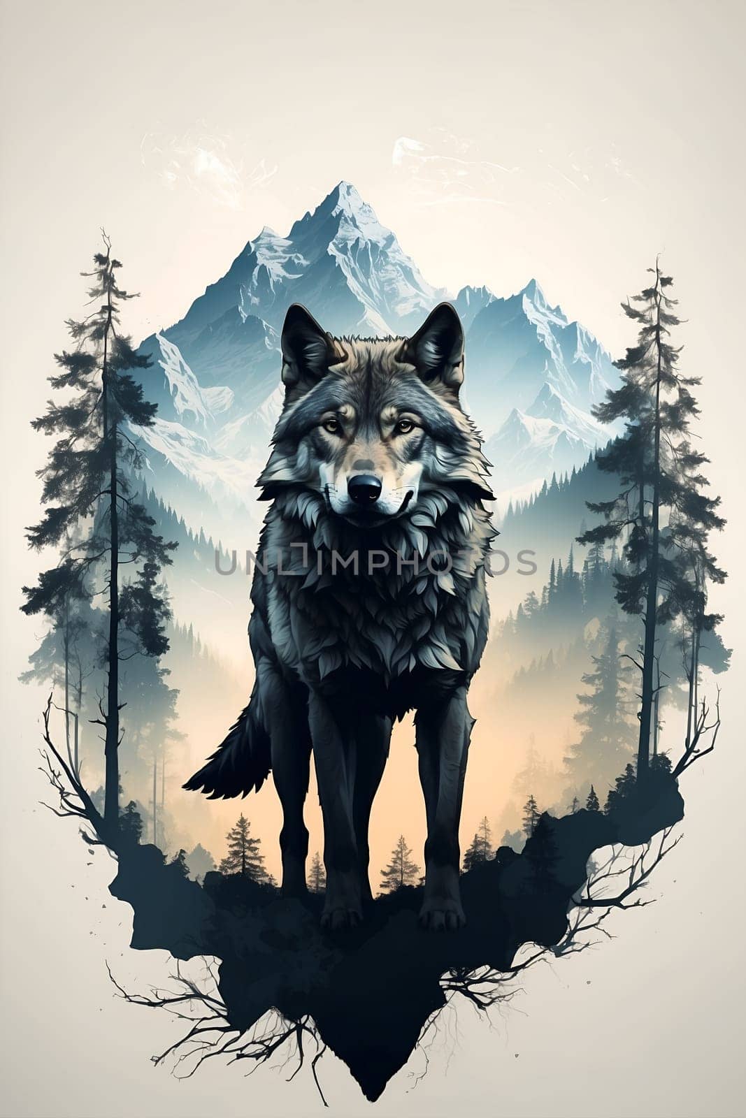 Lone Wolf Standing in Forest, Majestic Creature in Natural Habitat. Generative AI. by artofphoto