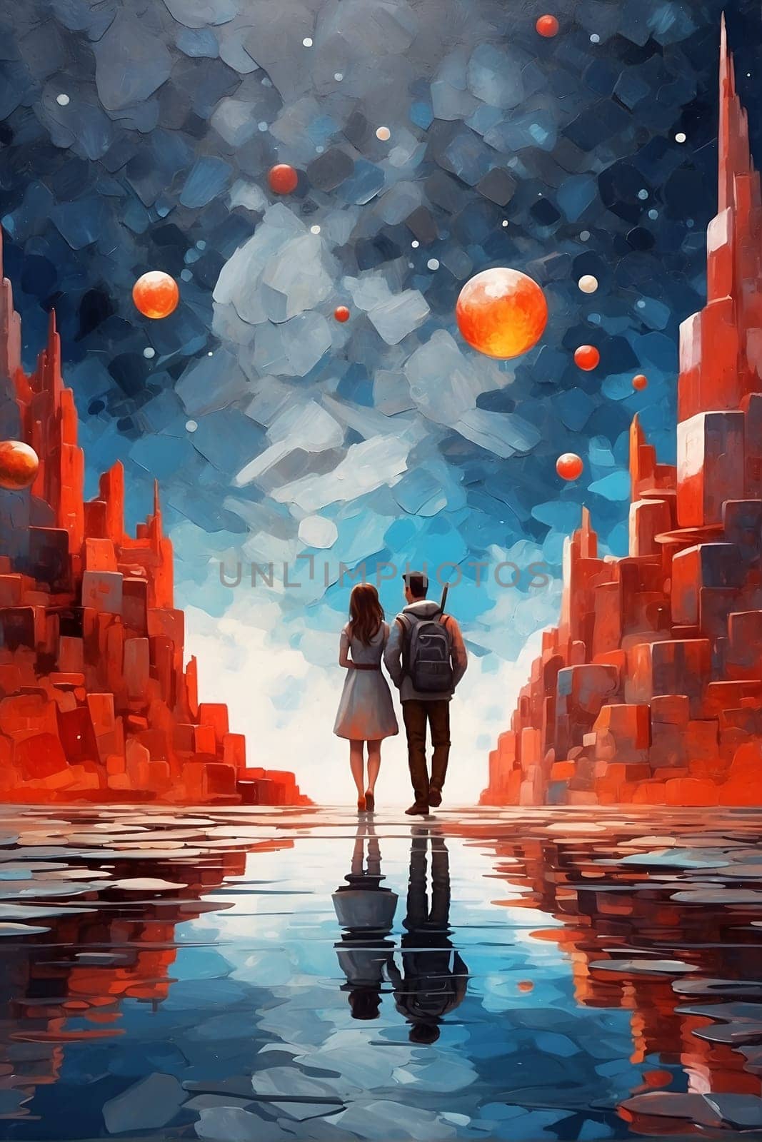 This breathtaking painting depicts a man and woman engaging in a mesmerizing experience as they gaze at the expansive sky.