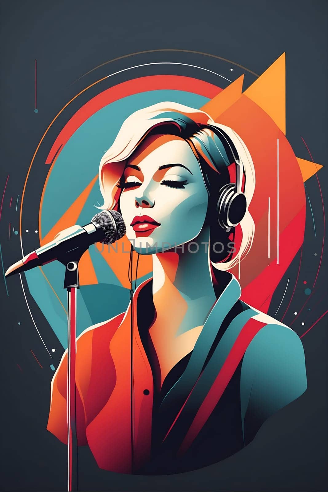 Woman Singing Into Microphone With Headphones On. Generative AI. by artofphoto