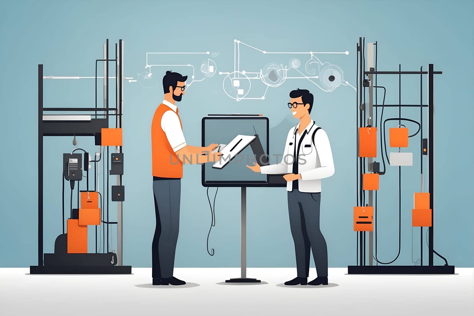 Two men stand side by side in front of a machine, symbolizing teamwork and productivity in an industrial setting.