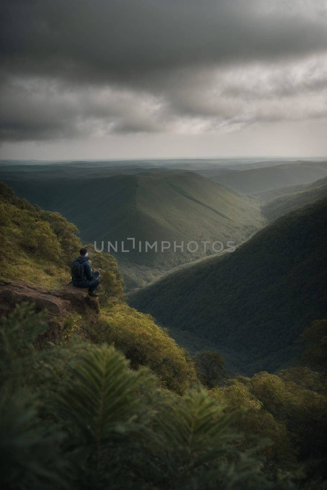 A man sitting peacefully on the lush green hillside, taking in the breathtaking scenery.