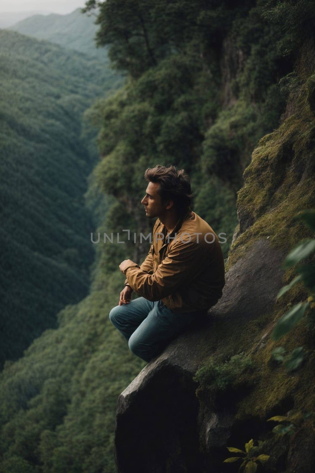 Man Sitting on Cliff Next to Forest With a Breathtaking View of Nature. Generative AI. by artofphoto