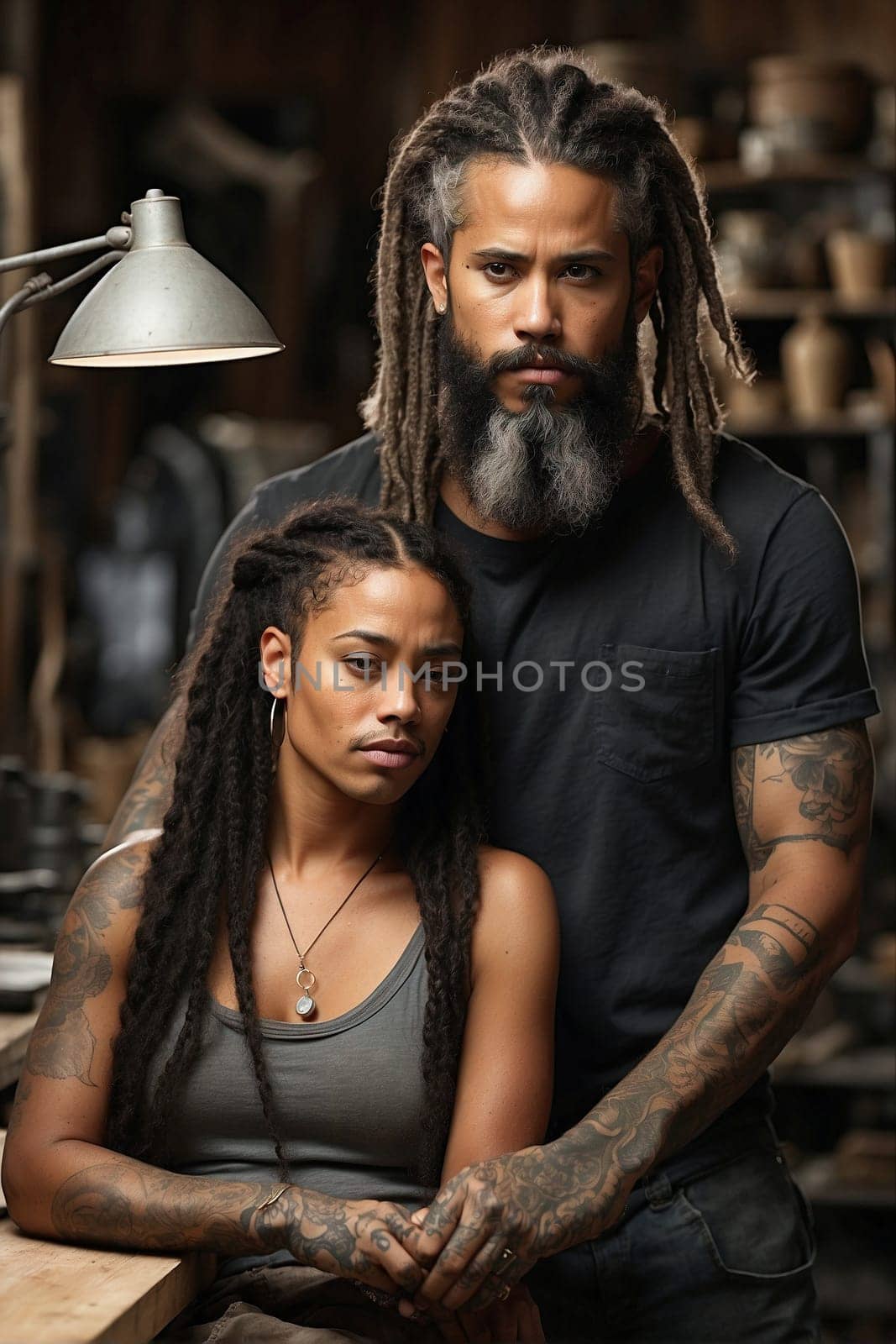 A man and a woman confidently stand side by side in a workshop, actively engaged in a hands-on project.