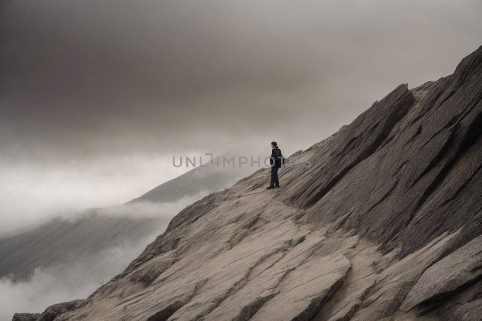 A man stands triumphantly on the peak of a towering rocky mountain, taking in the breathtaking panoramic view.