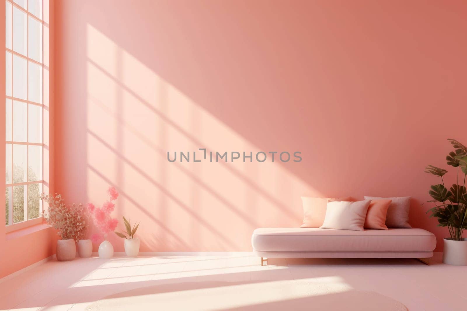 Soft daylight in a minimalist pink room with a modern sofa