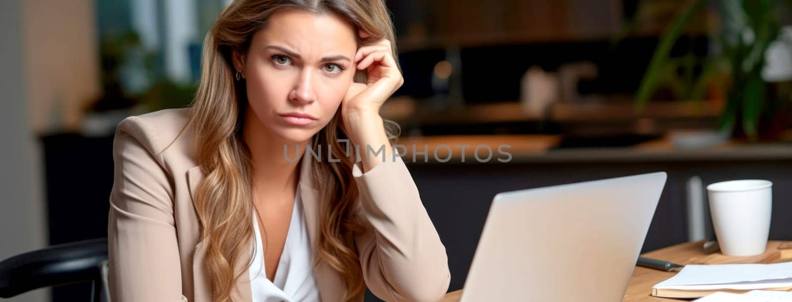Worried businesswoman working on a laptop in an office setting