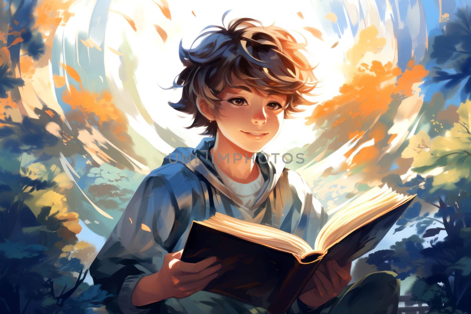 Boy engrossed in book with enchanted forest background