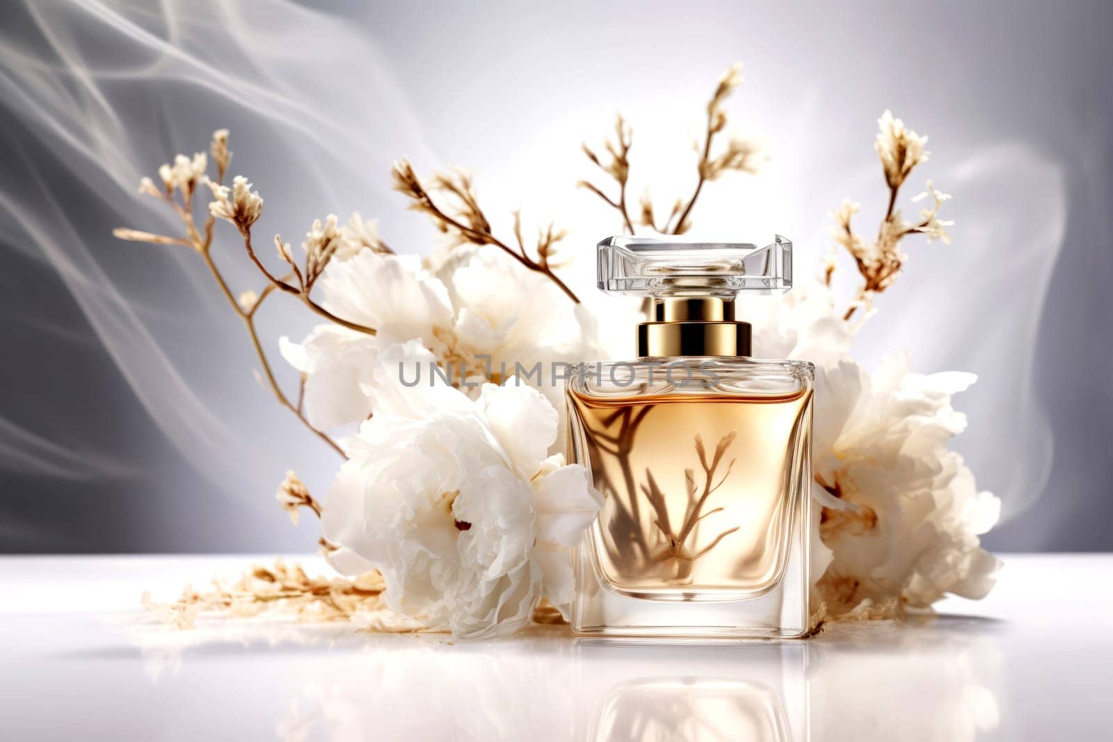 Perfume bottle surrounded by delicate white flowers and soft smoke
