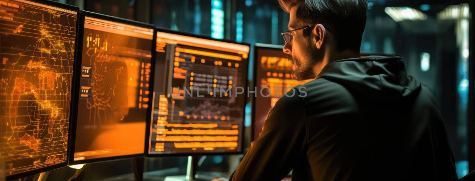 Tech analyst focused on multiple data screens in dark room