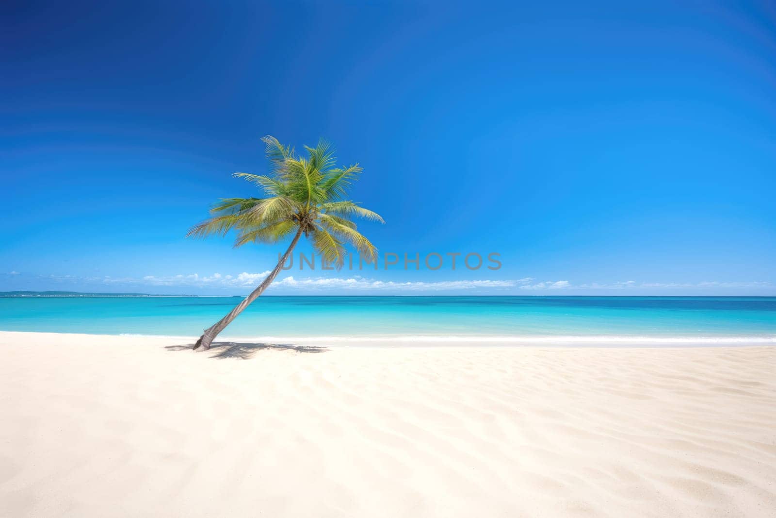 Idyllic single palm tree on a pristine tropical beach with clear turquoise waters