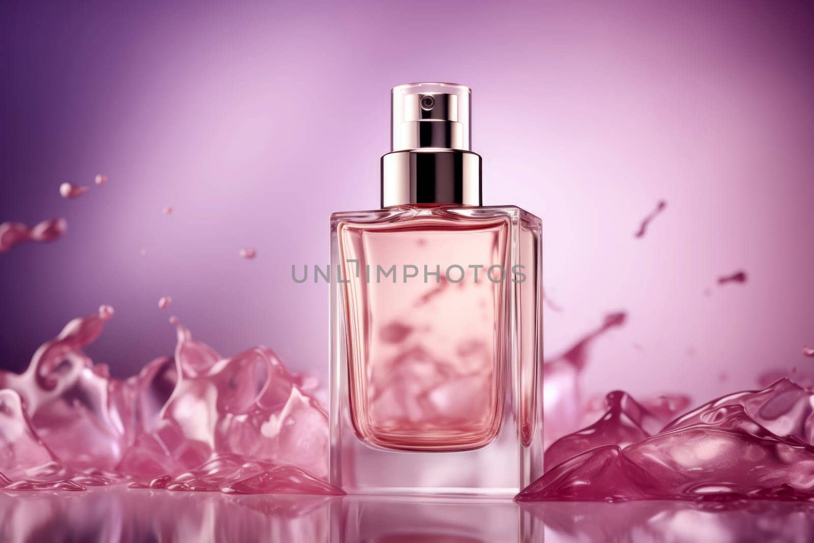 Luxury perfume bottle with dynamic liquid splash on a purple backdrop