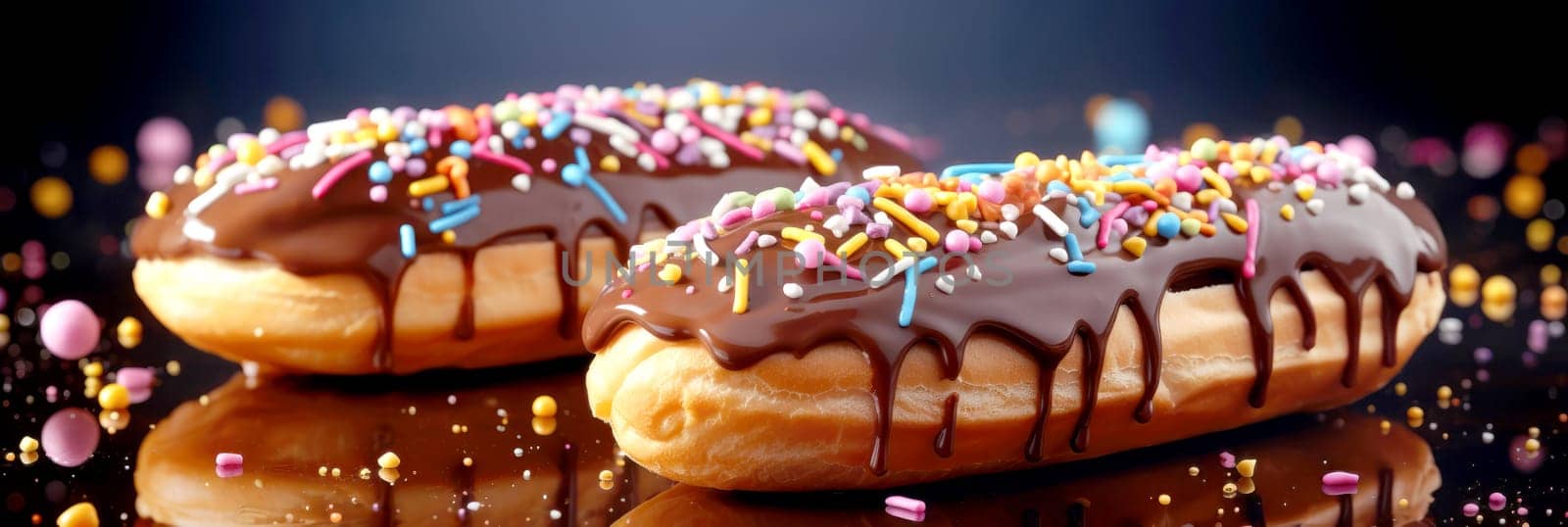 Two delicious chocolate glazed donuts with colorful sprinkles