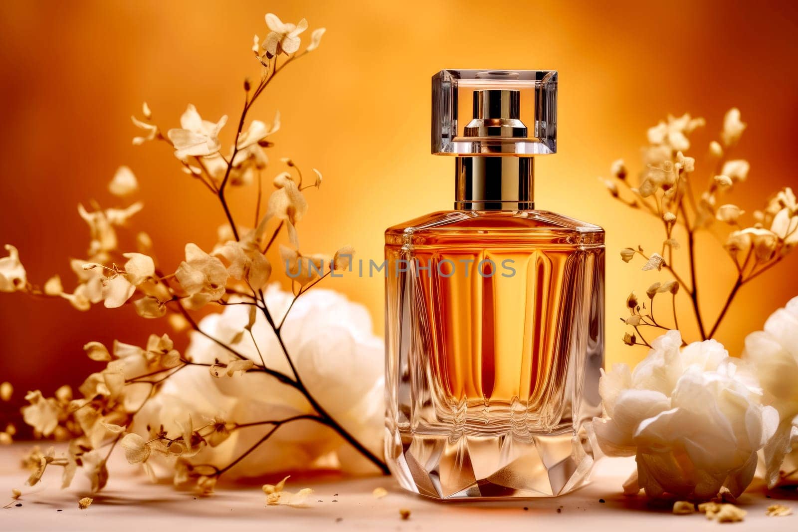 Golden toned perfume bottle surrounded by delicate white flowers
