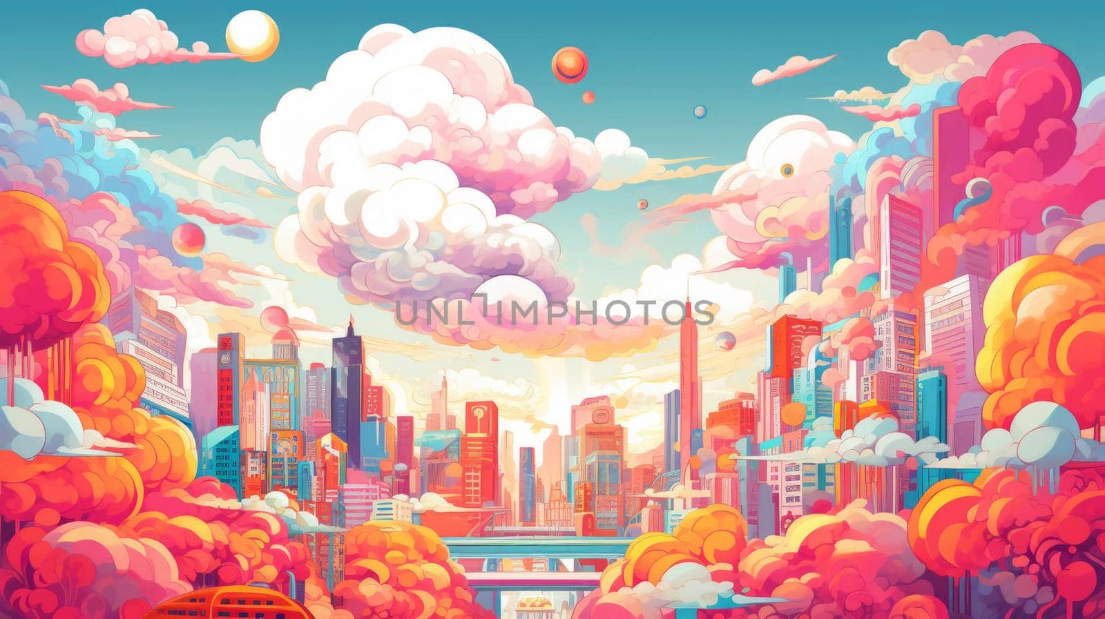 A whimsical cityscape with fluffy clouds and pastel colors creating a serene fantasy world