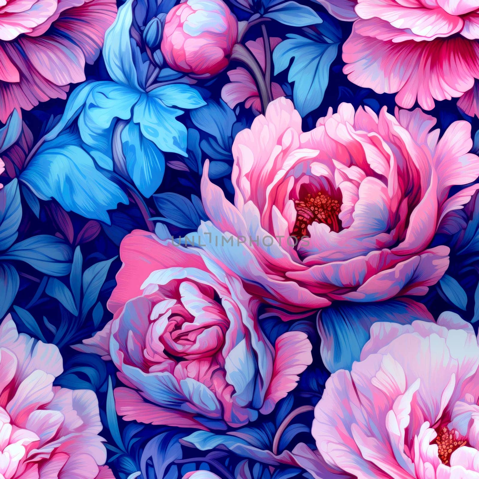 Digital illustration of richly colored vintage peonies and foliage seamless pattern