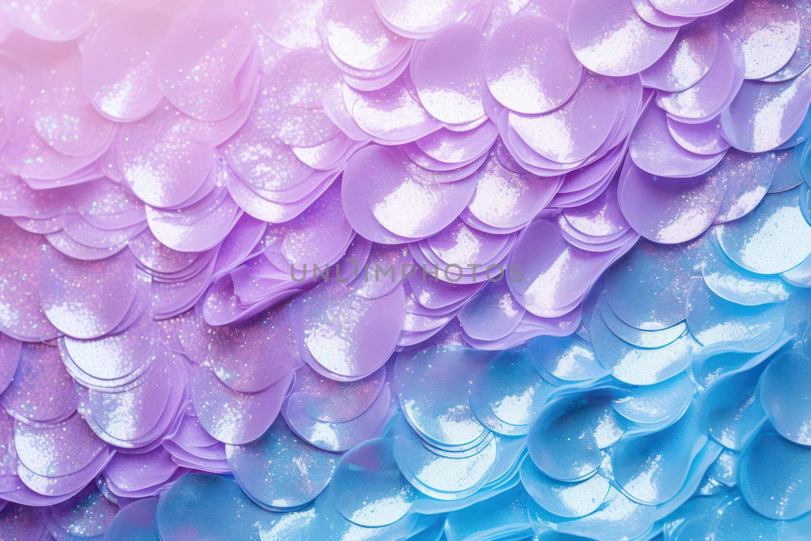 Pastel mermaid scales with glitter, transitioning from purple to blue, abstract festive background