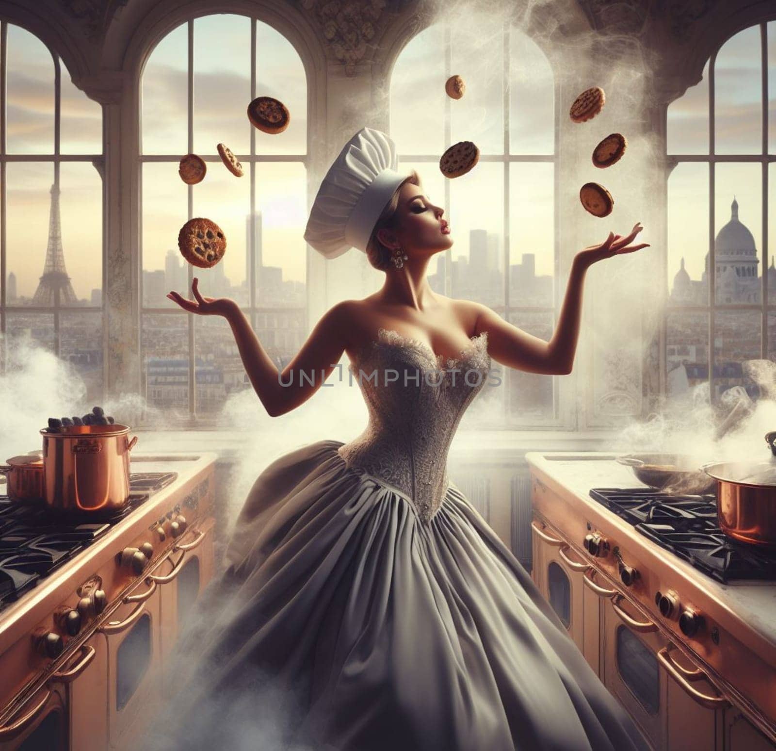 glamourous chef in steampunk kitchen with windiwn natural light cooking posing dancing singing illustration by verbano