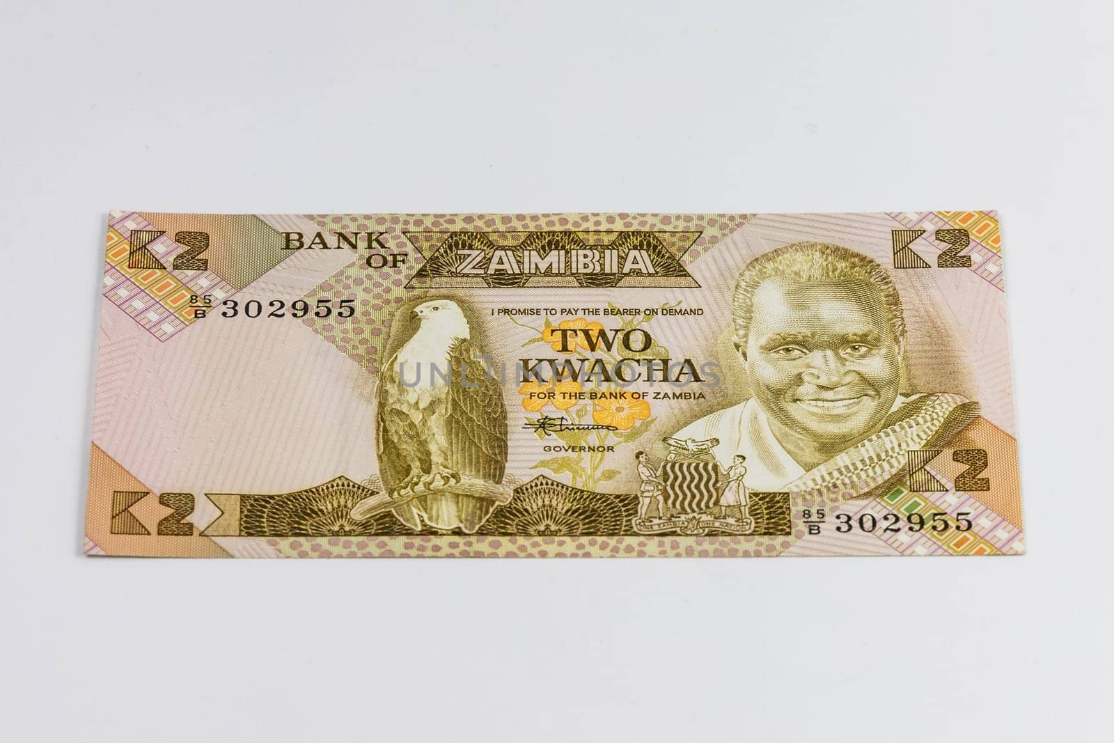Old Zambia banknote of 2 Kwacha from 1980 year 