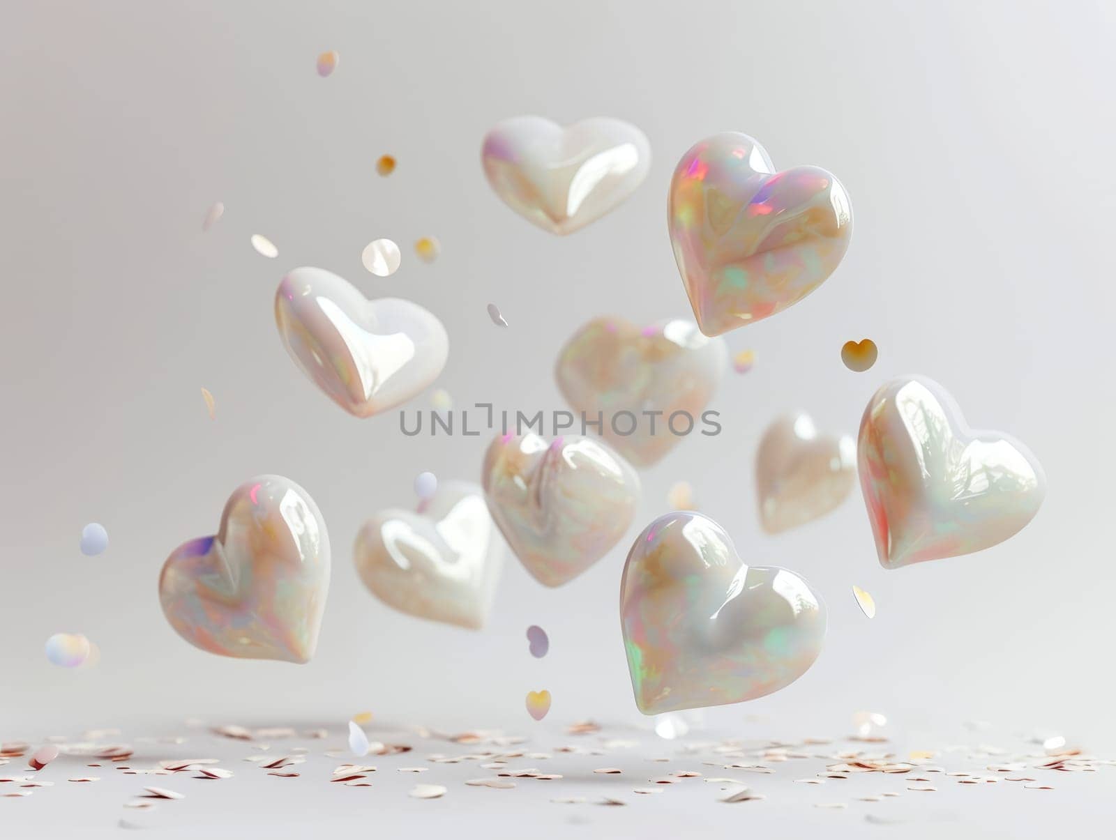 3D Realistic Shiny Shimmering Hearts Background. Valentine's Day Hearts Wallpaper. Glossy Hearts Backdrop with Space for Text. Ai generated