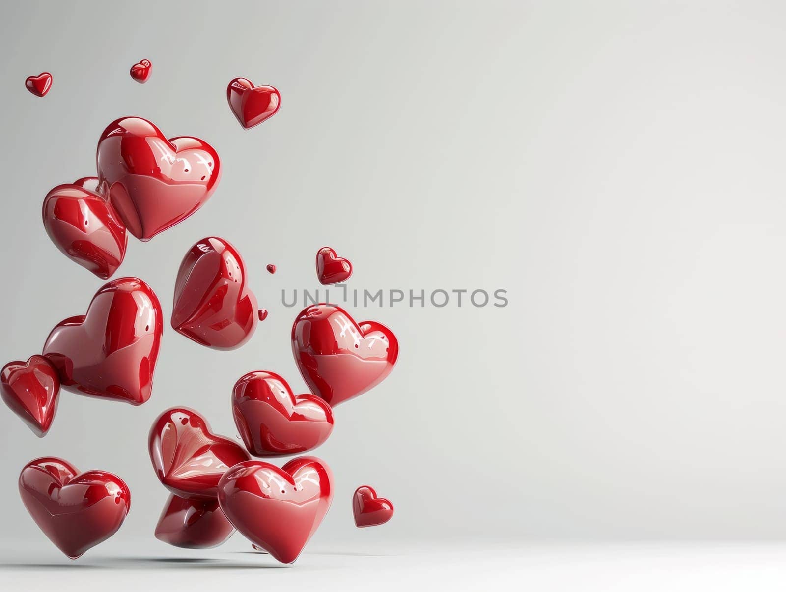 3D Realistic Shiny Shimmering Hearts Background. Valentine's Day Hearts Wallpaper. Glossy Hearts Backdrop with Space for Text. Ai generated