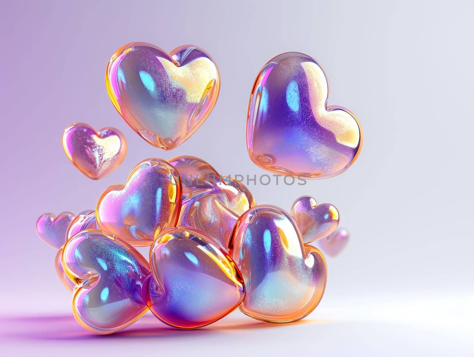 3D Realistic Shiny Shimmering Hearts Background. Valentine's Day Hearts Wallpaper. Glossy Hearts Backdrop with Space for Text. Ai generated