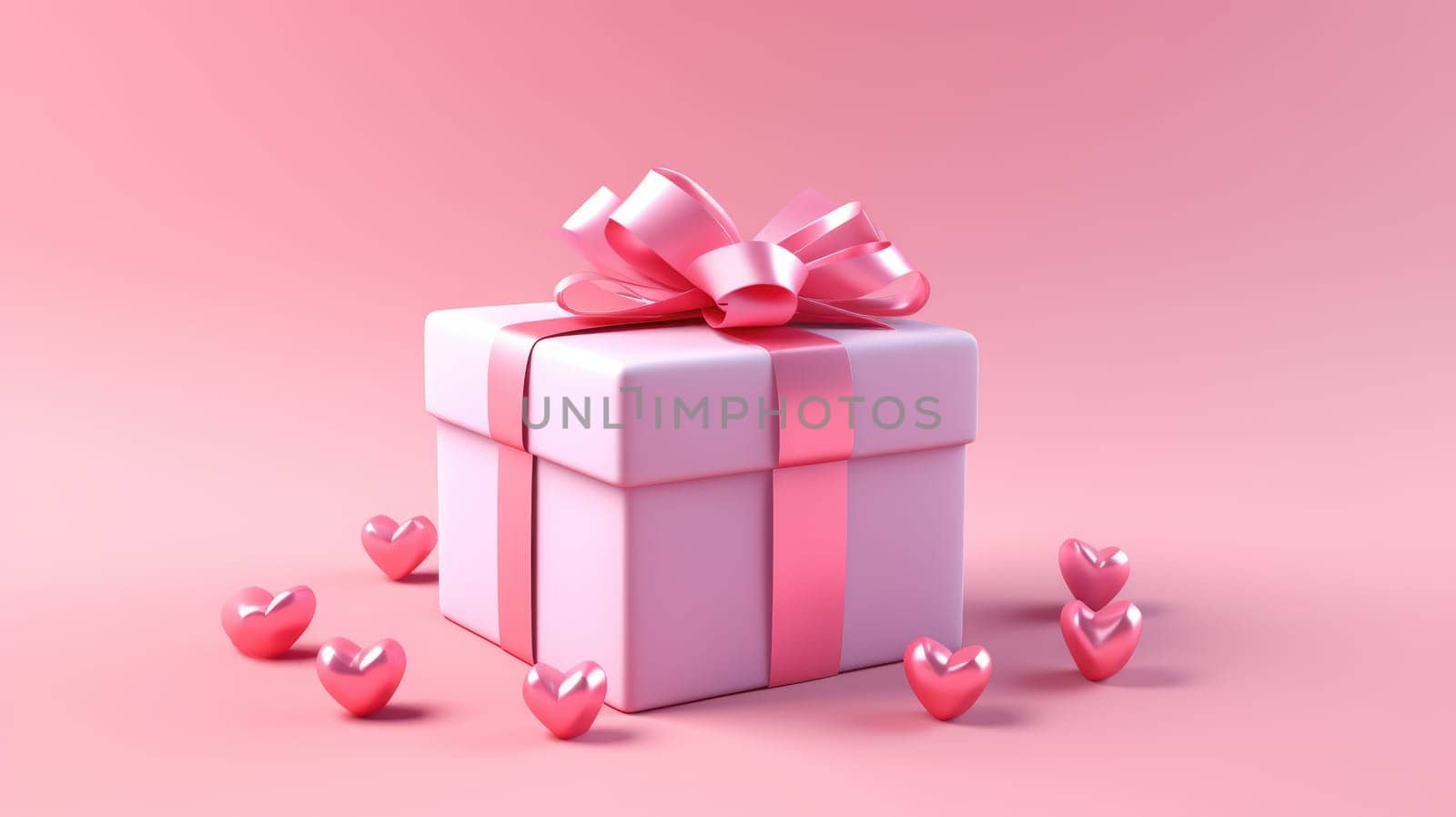 3d isometric box tied with pink ribbon on pink background. Realistic icon for present, birthday or wedding banners AI