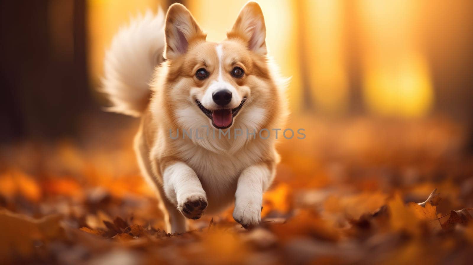 Funny and crazy welsh corgi. Corgi dog on blurred autumn background AI