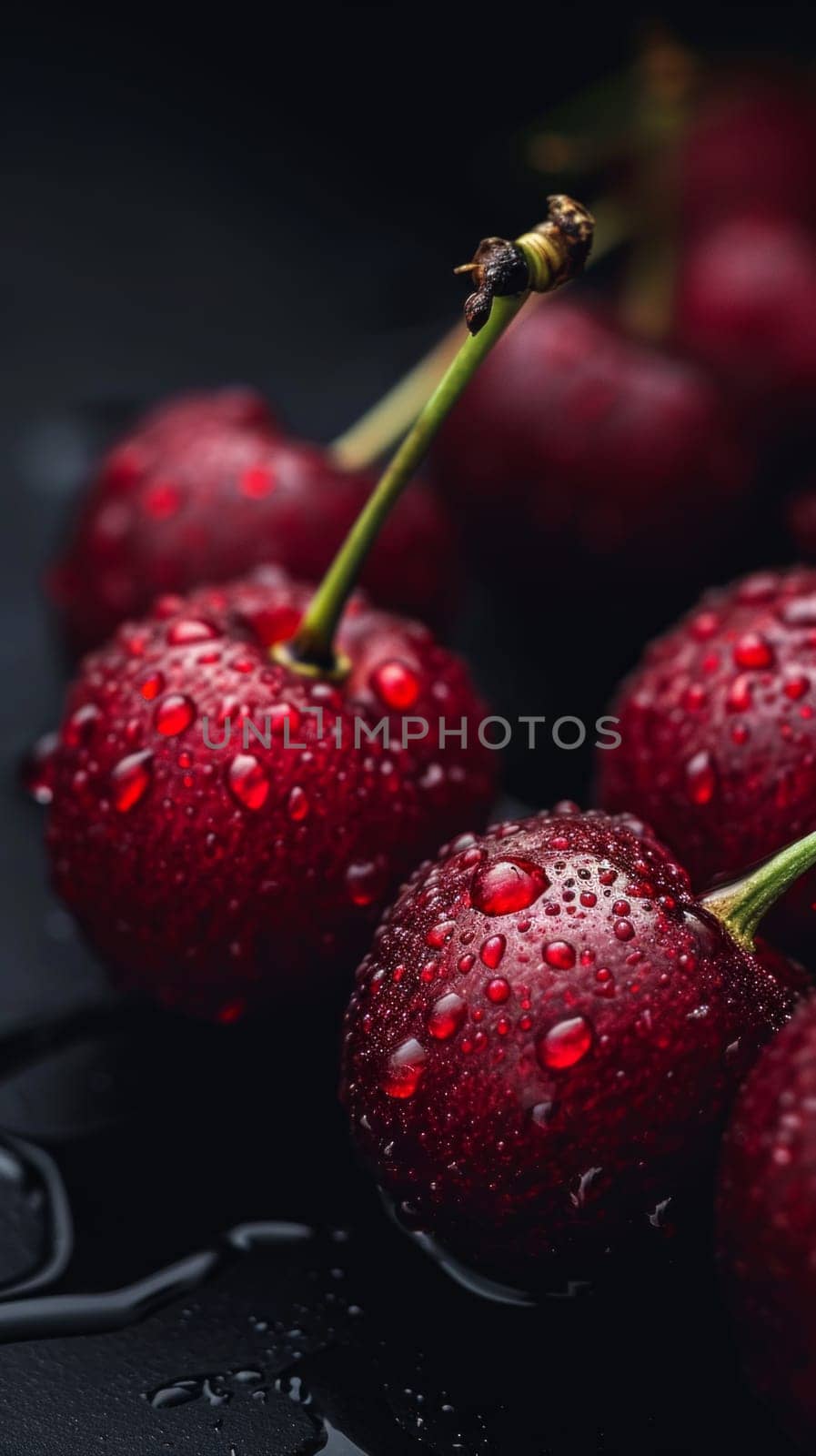 water droplets on red cherries, black background.