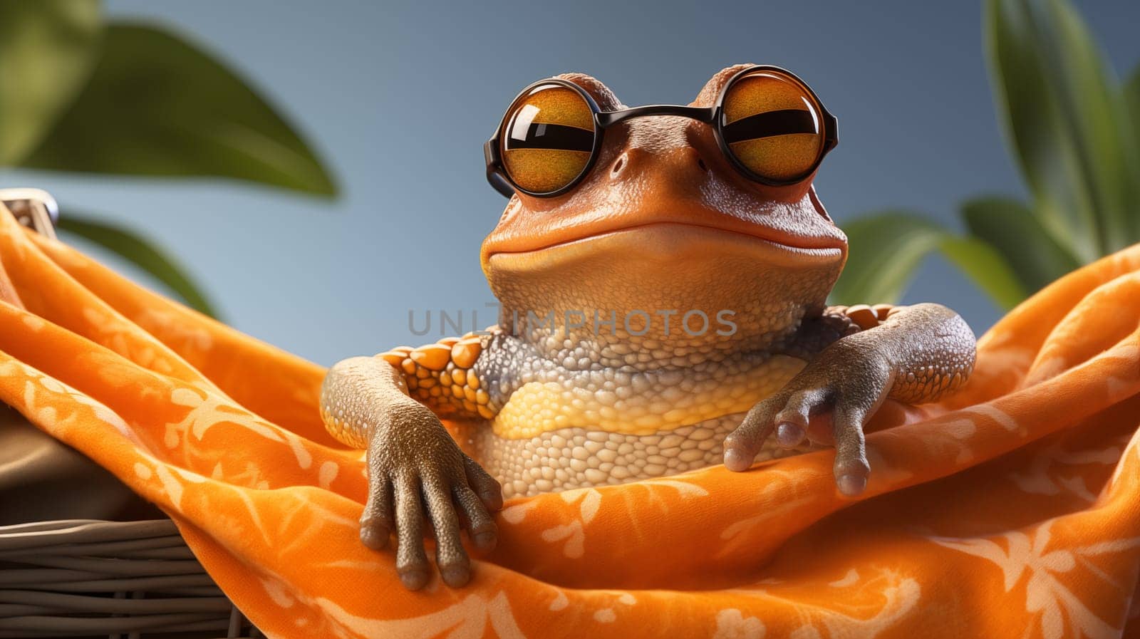 An engaging frog wearing sunglasses, casually lounging on an orange towel with a tropical backdrop.