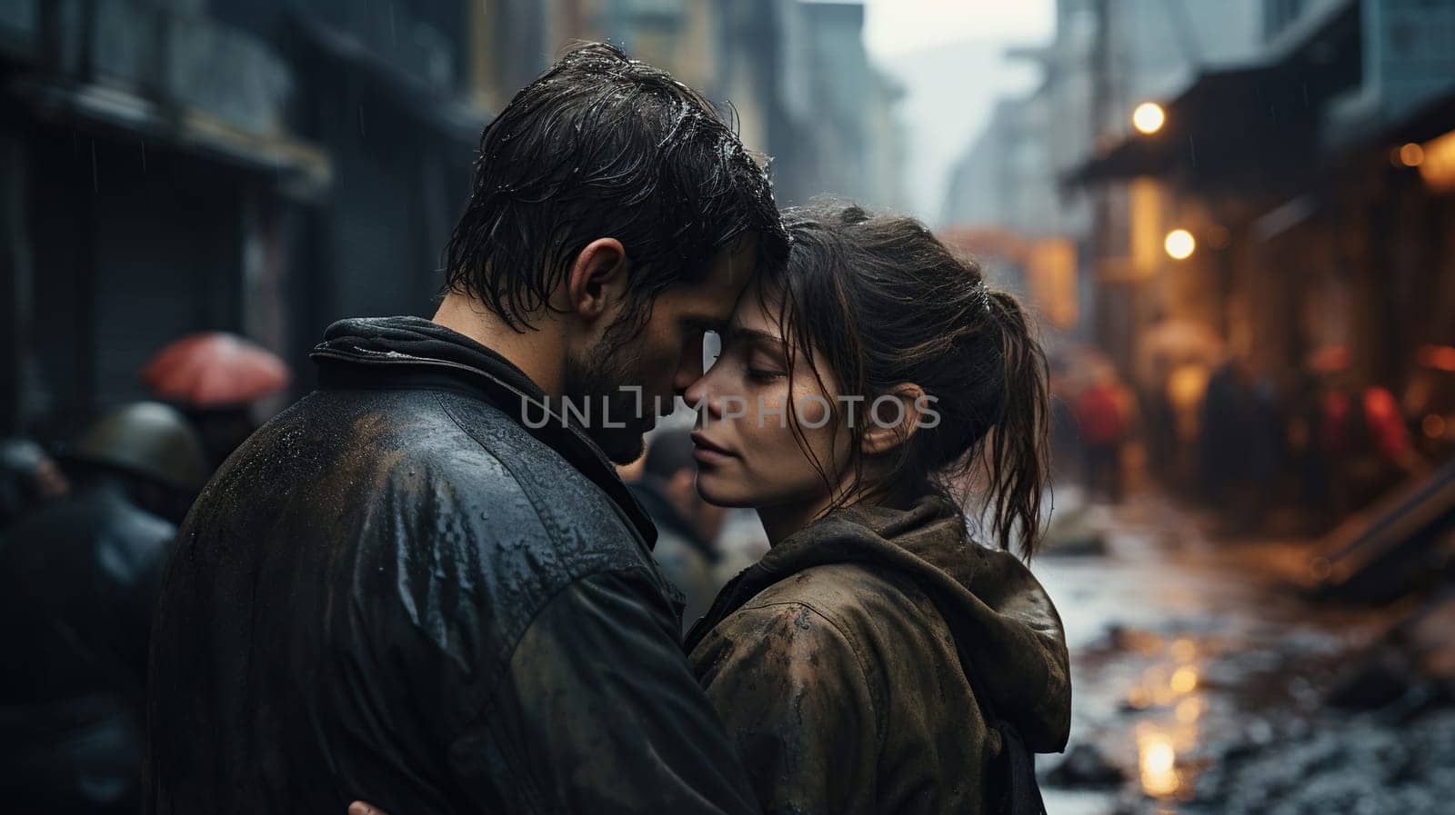 A man hugs a woman against the backdrop of a destroyed city.