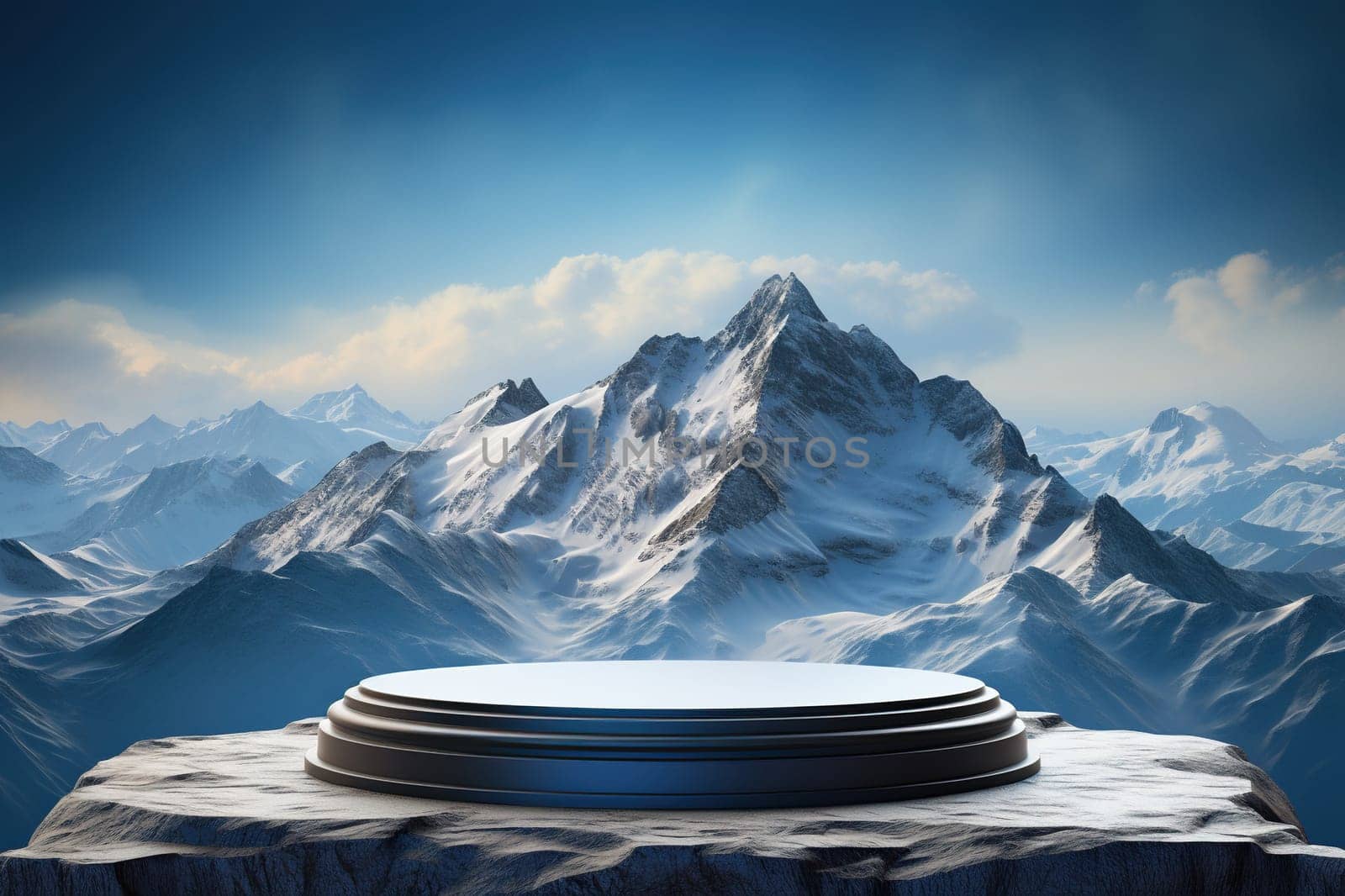 3d podium on top among the mountains. Podium, stage for product presentation. Generated by artificial intelligence by Vovmar