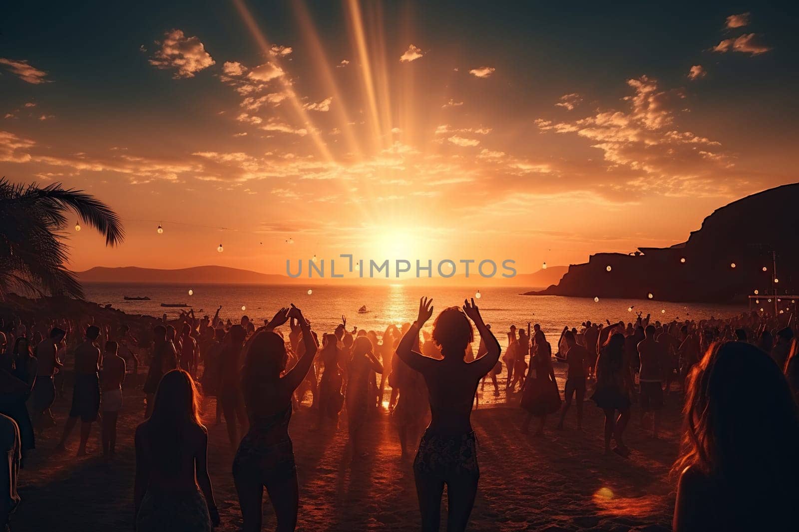 A crowd of people dancing and having fun at a beach party at sunset. Vacation concept.