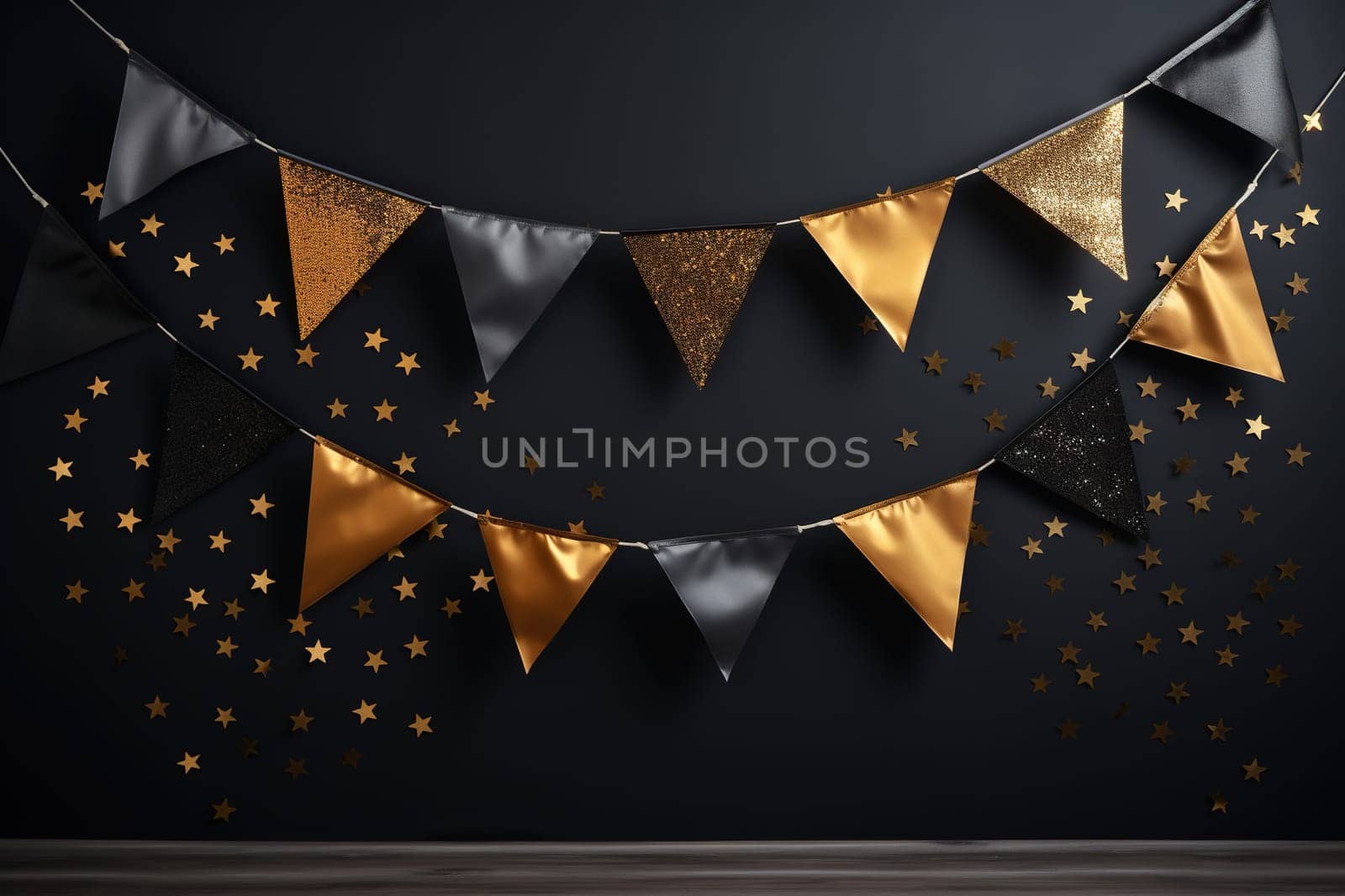 Golden garland on a black wall. Festive decoration. Generated by artificial intelligence by Vovmar