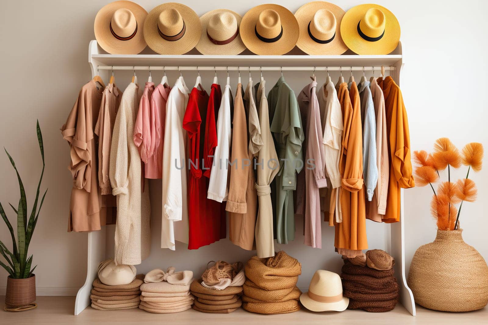 Women's wardrobe, clothes in neutral light colors on hangers. Concept: organizing order in a wardrobe or pantry. Shelf with hangers and hats. Generated by artificial intelligence by Vovmar
