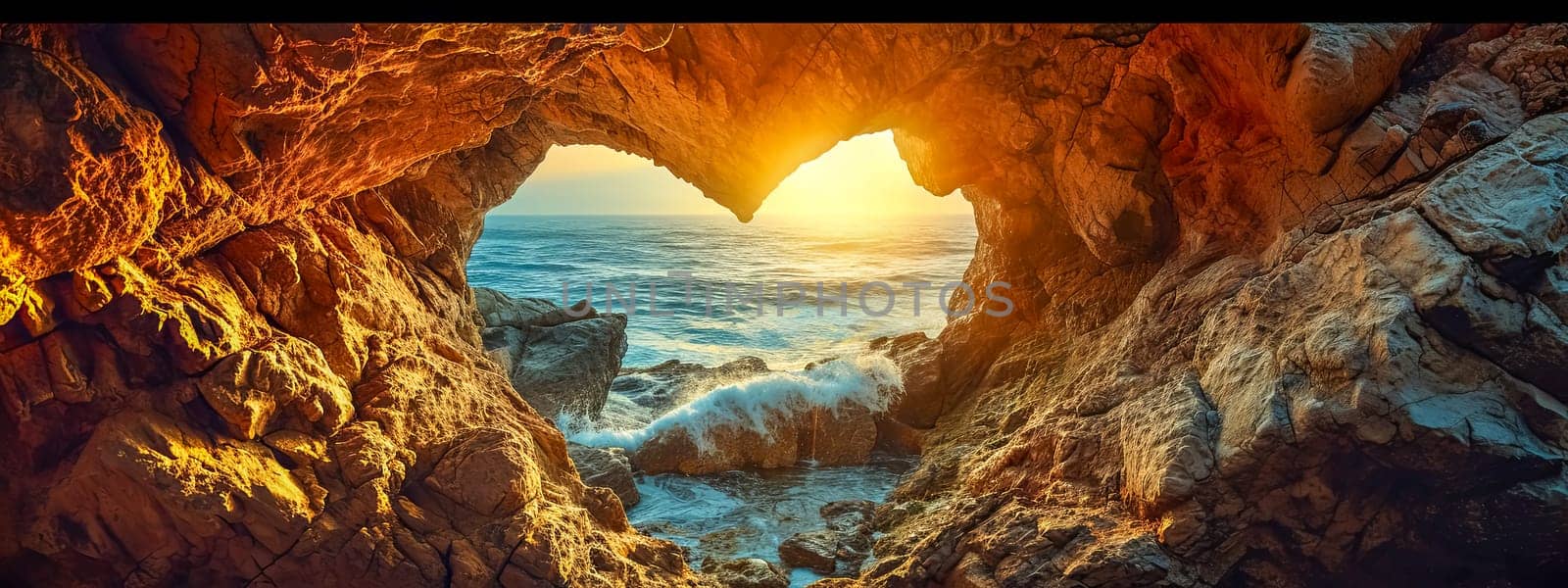 Valentine. A majestic view from within a cave, framing a heart-shaped opening that overlooks the ocean bathed in the golden light of sunset, creating a romantic and serene seascape.