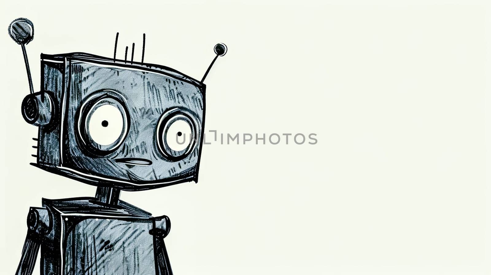 quirky robot with large, expressive eyes and whimsical antennas, rendered in a monochrome, sketch-like style against a plain background, exuding a charming blend of retro futuristic vibes, copy space