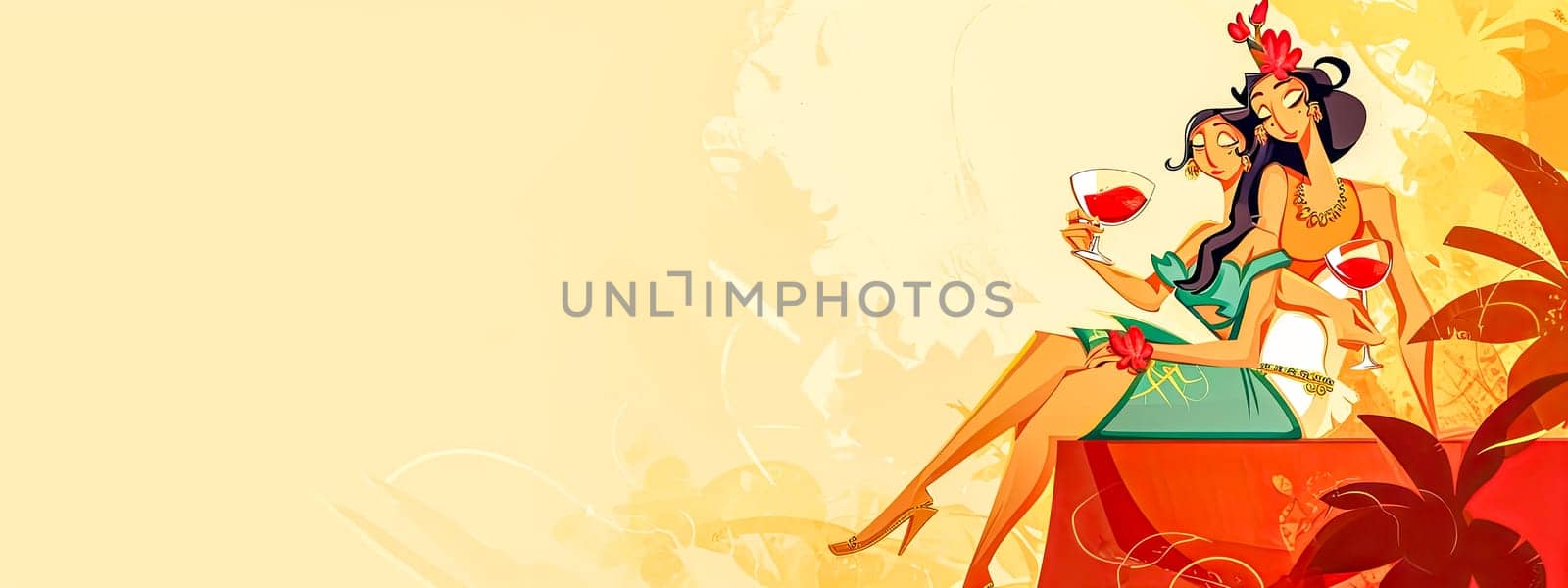 two women in elegant attire sitting back-to-back, each holding a wine glass, with a floral motif and abstract elements in a yellow and orange color scheme, event banner with space for text by Edophoto