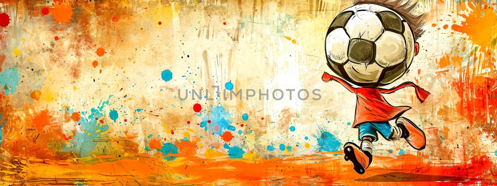 soccer ball character wearing a red cape, mid-action against a vibrant abstract background splashed with orange, blue, and red, perfect for a dynamic sports event banner with ample text space by Edophoto