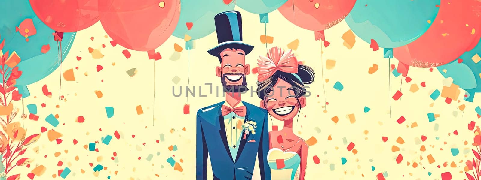 wedding card. A joyous illustration of a newlywed couple with oversized heads, surrounded by colorful balloons and confetti, perfect for a wedding celebration banner. by Edophoto