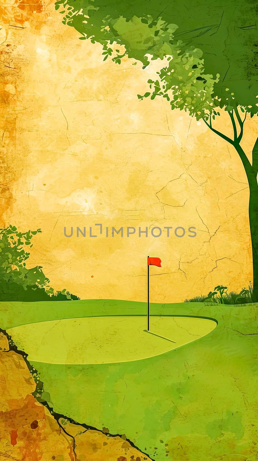 A creative illustration of a golf hole with a red flag on a vibrant green course, framed by a textured abstract background in warm hues, perfect for a golf-themed banner with ample space for text by Edophoto