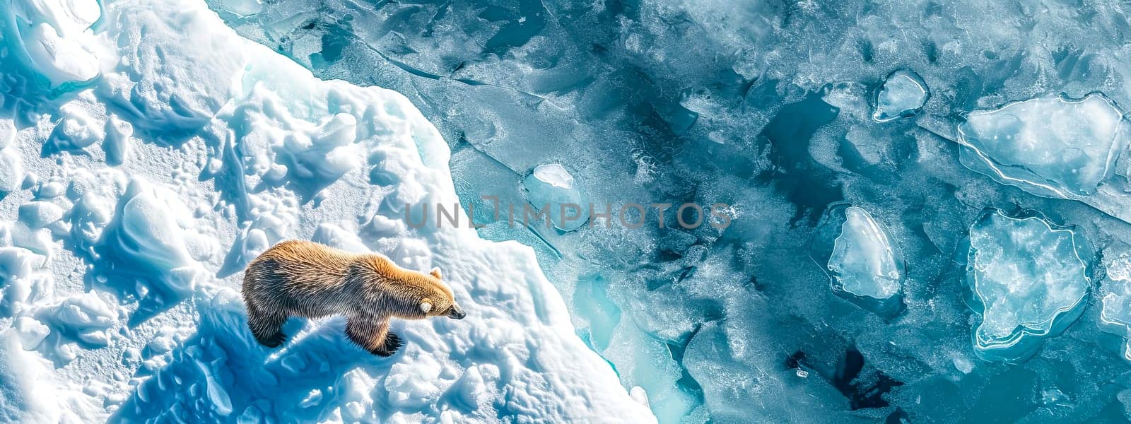 An aerial view of a bear traversing a glacial landscape with textured ice and snow formations, warm brown tones of the bear and the cool blues of the ice, banner with space for text.