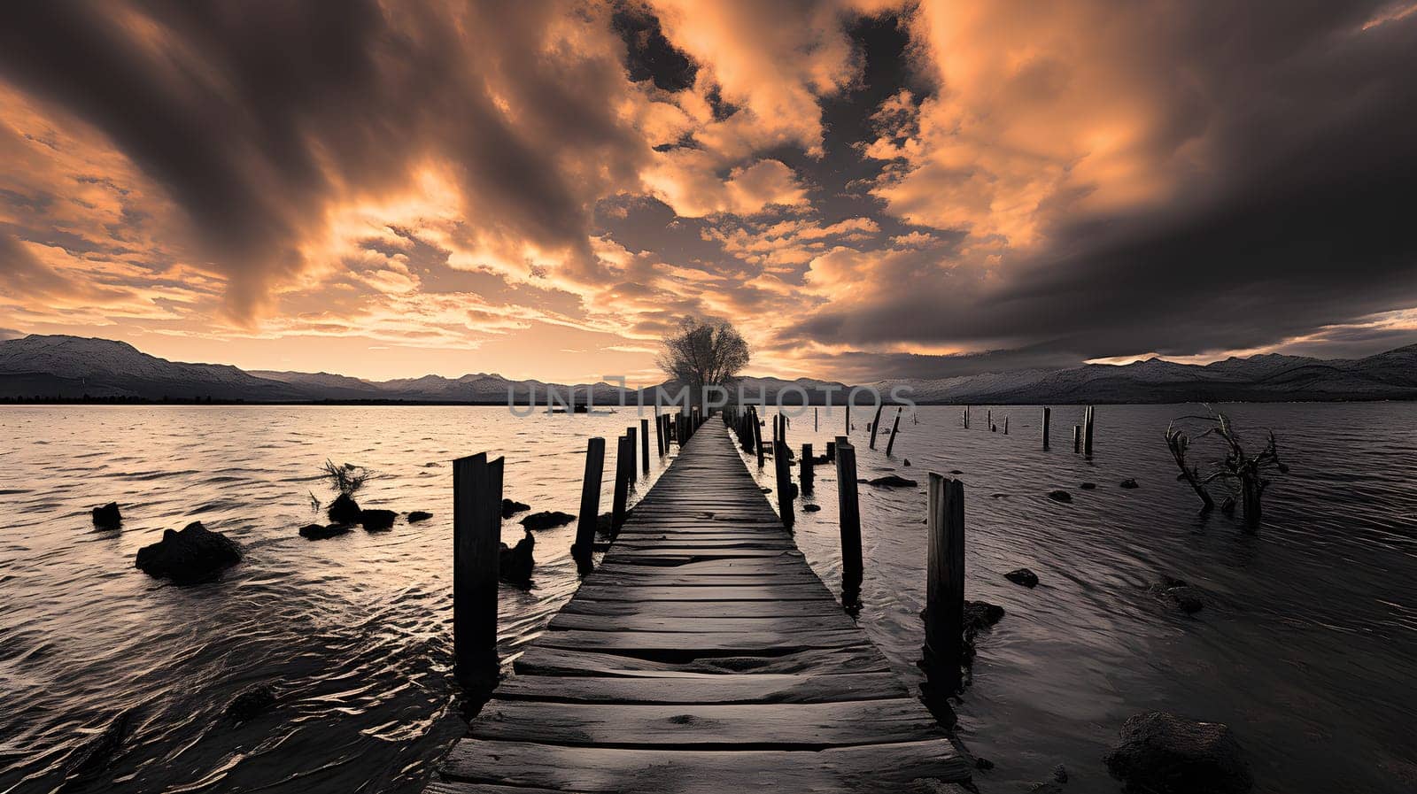 A dock on a lake as the fiery sunset kisses the horizon - Generative AI