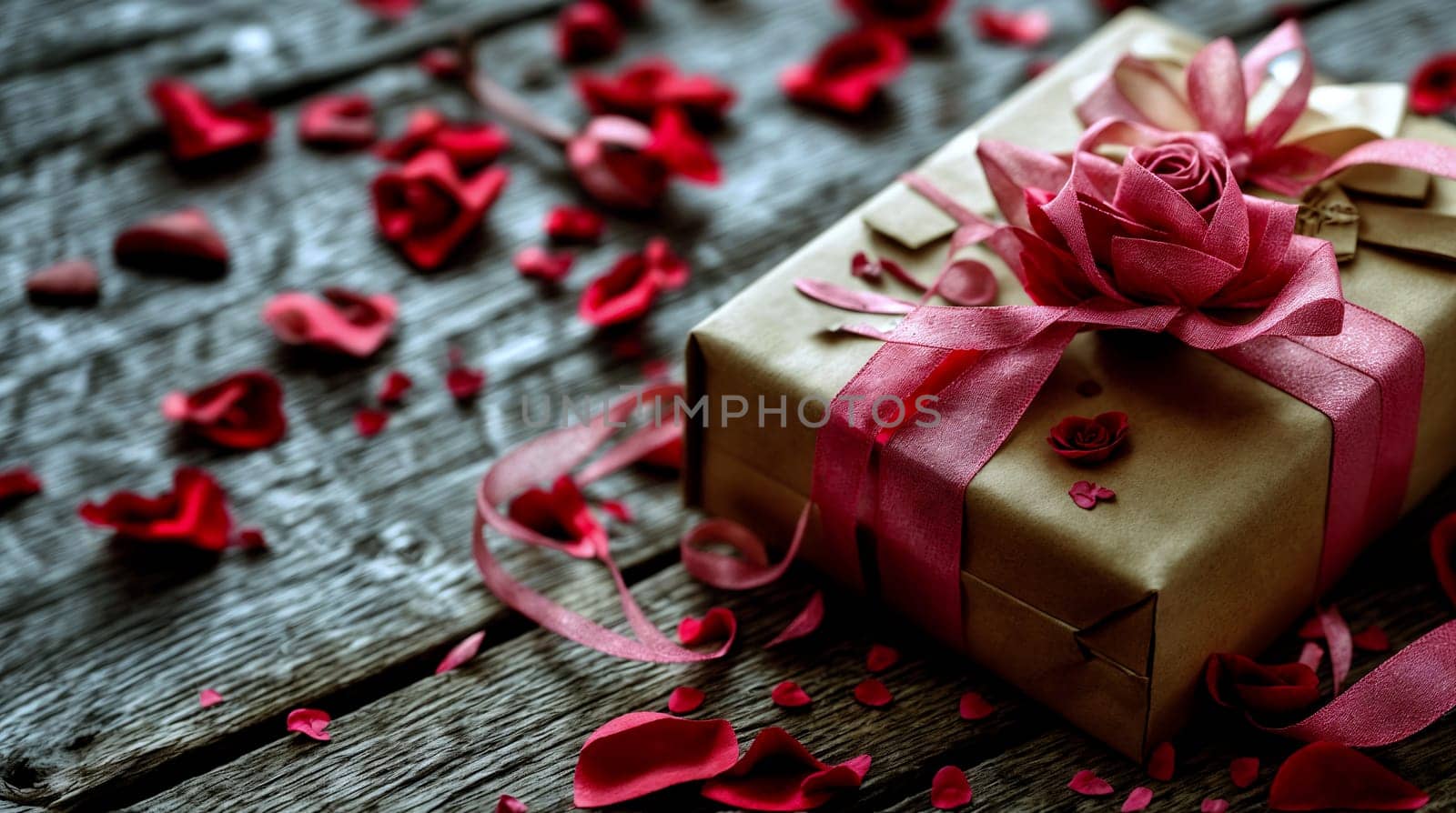 Craft paper gift adorned with a luxurious red ribbon and rose, nestled among scattered petals - Valentine's day background by chrisroll