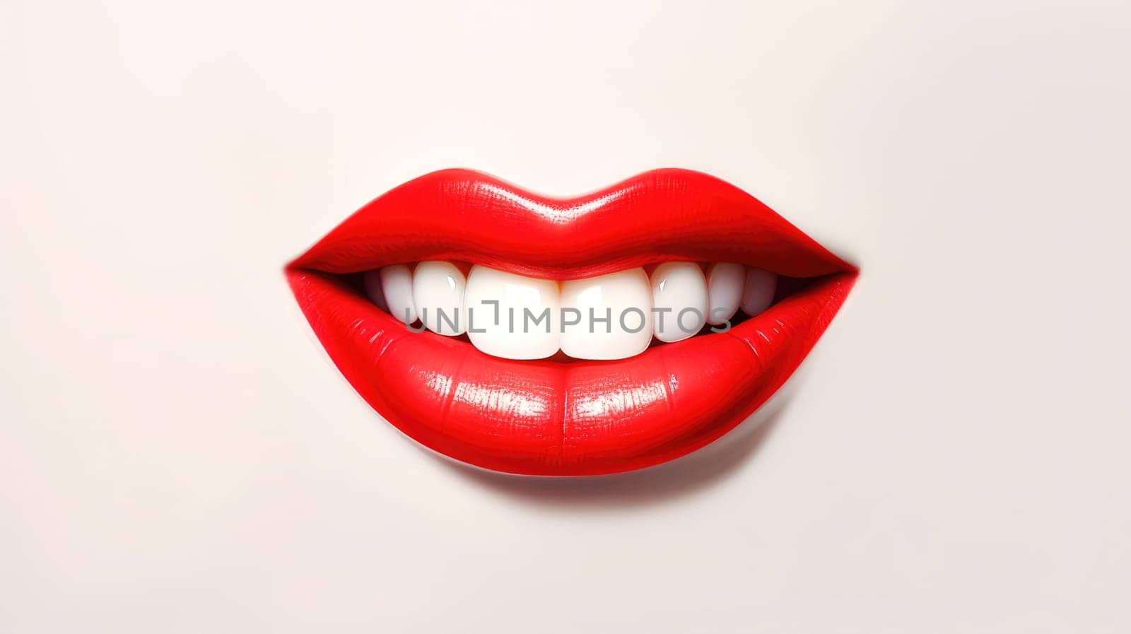 3D realistic smiling glossy red lips on white. cosmetic, fashion, and romantic designs. Open mouth with teeth, lipstick promotion. by JuliaDorian