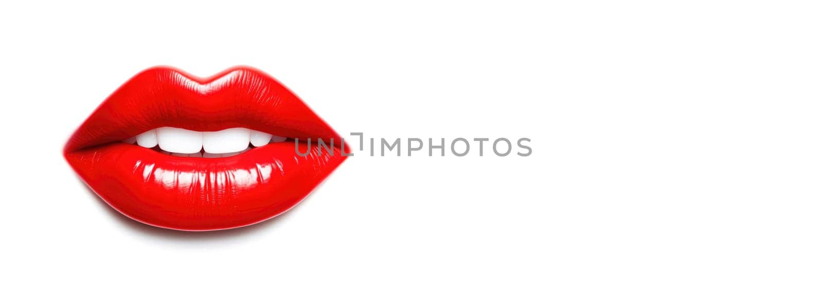 Banner of 3D realistic smiling glossy red lips on white. cosmetic, fashion, and romantic designs. Open mouth with teeth, lipstick promotion. by JuliaDorian