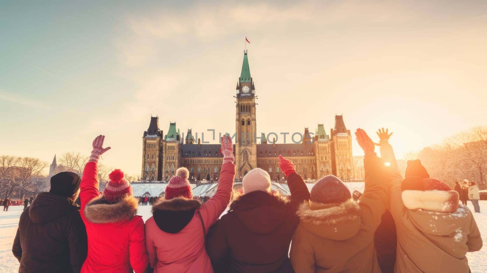 Happy Canadian wearing winter clothes celebrating Christmas holiday at Parliament Hill. People having fun hanging out together walking on city street. Winter holidays and relationship concept.